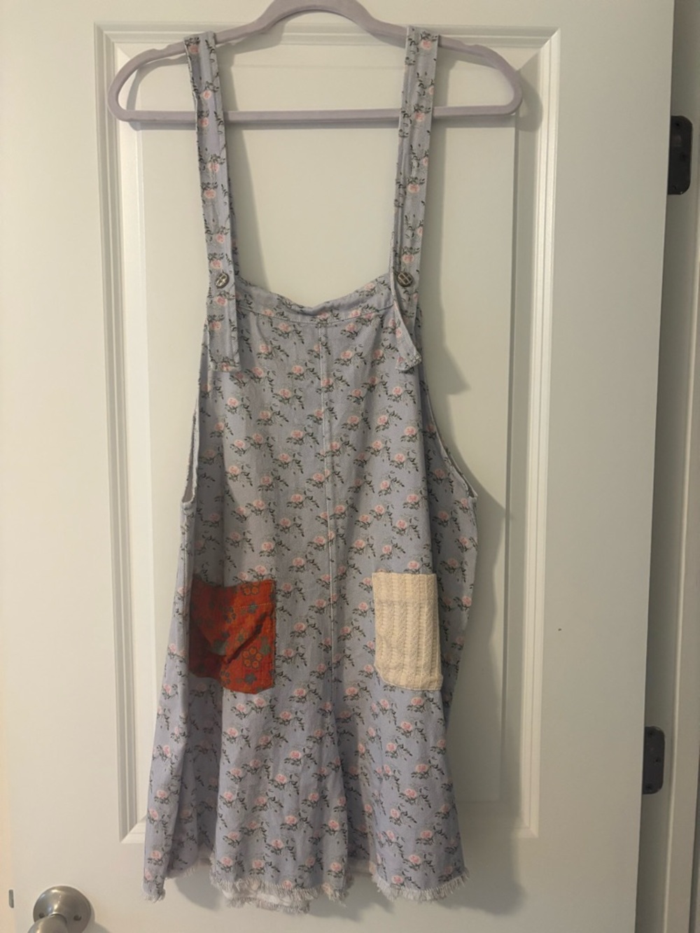 POL Floral Overalls in Light Blue with Pink Accents